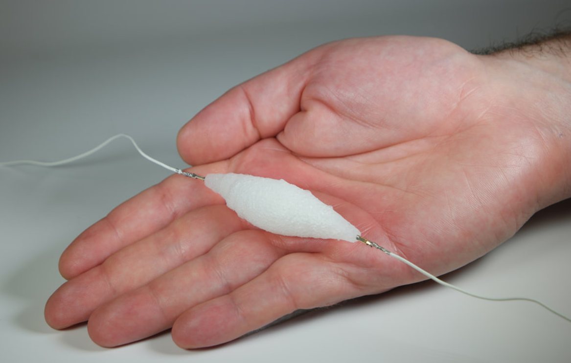 A soft white artificial muscle actuator resting on an open human palm, wired at both ends